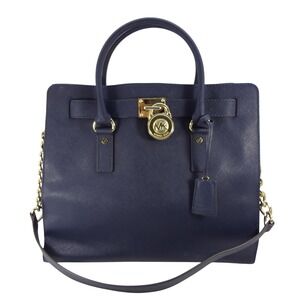 Michael Kors Hamilton Large Satchel Navy Blue Saffiano Leather Gold Hardware Bag